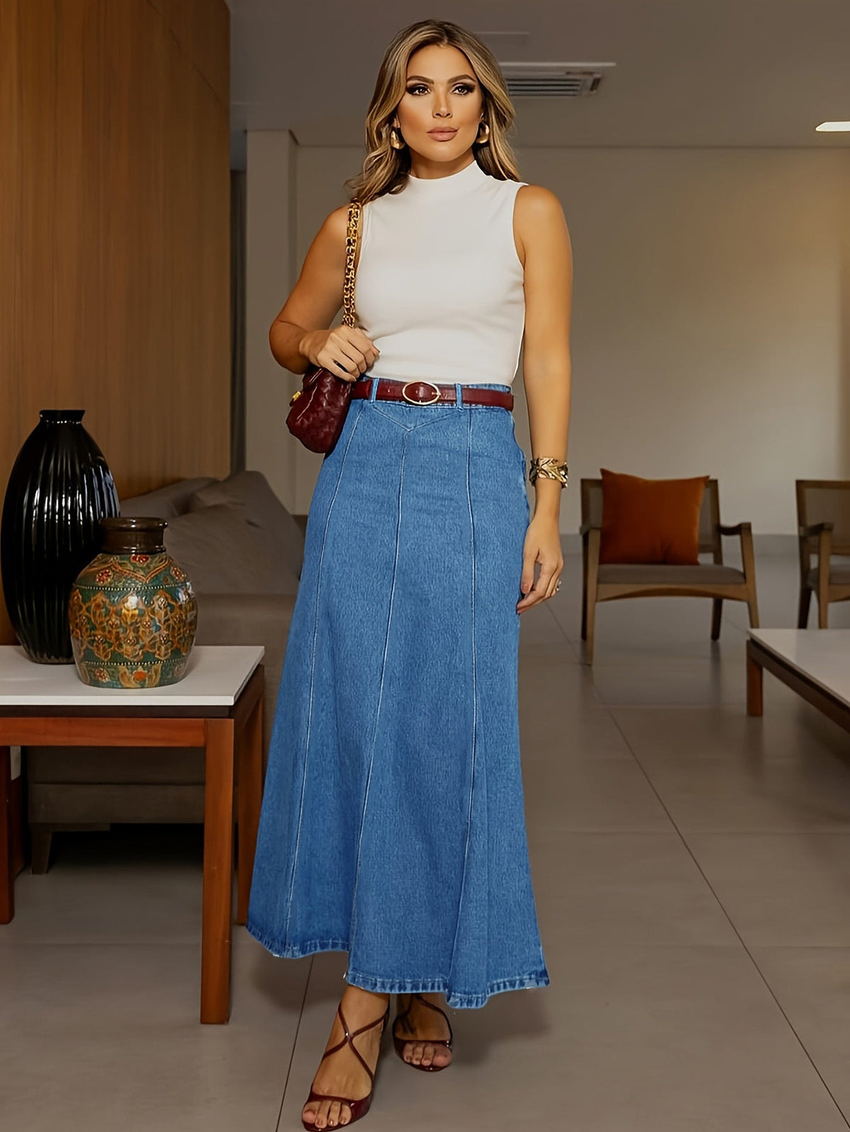 2026 Women's High-Waist A-Line Denim Maxi Skirt