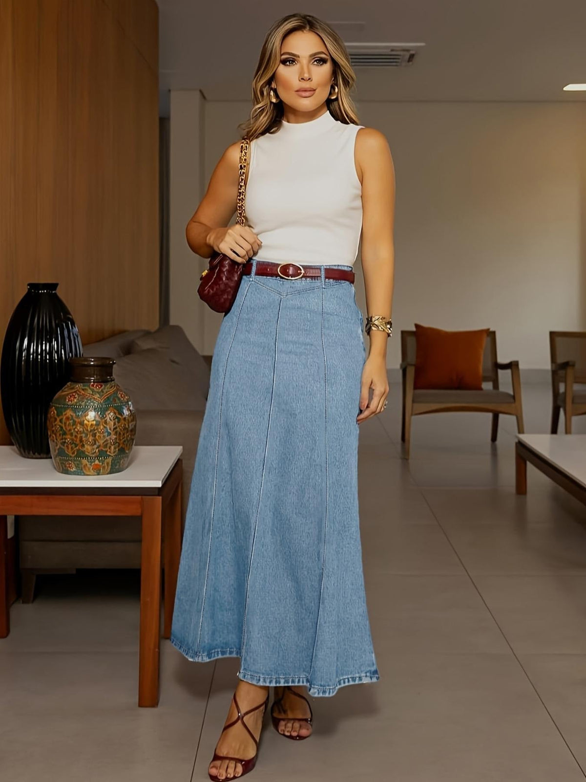 2026 Women's High-Waist A-Line Denim Maxi Skirt