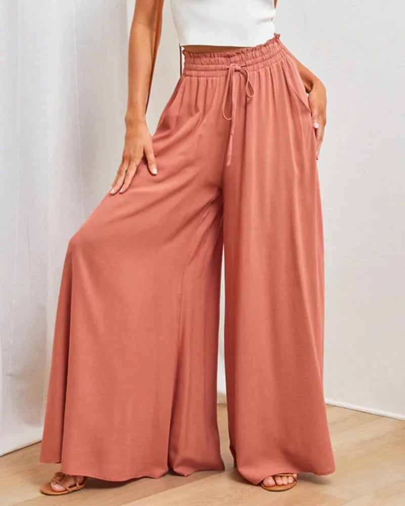 NOW einfarbige, weit geschnittene High-Waist-Hose ¨C Baumwollmischung, lockere Passform und verstellbarer Kordelzug