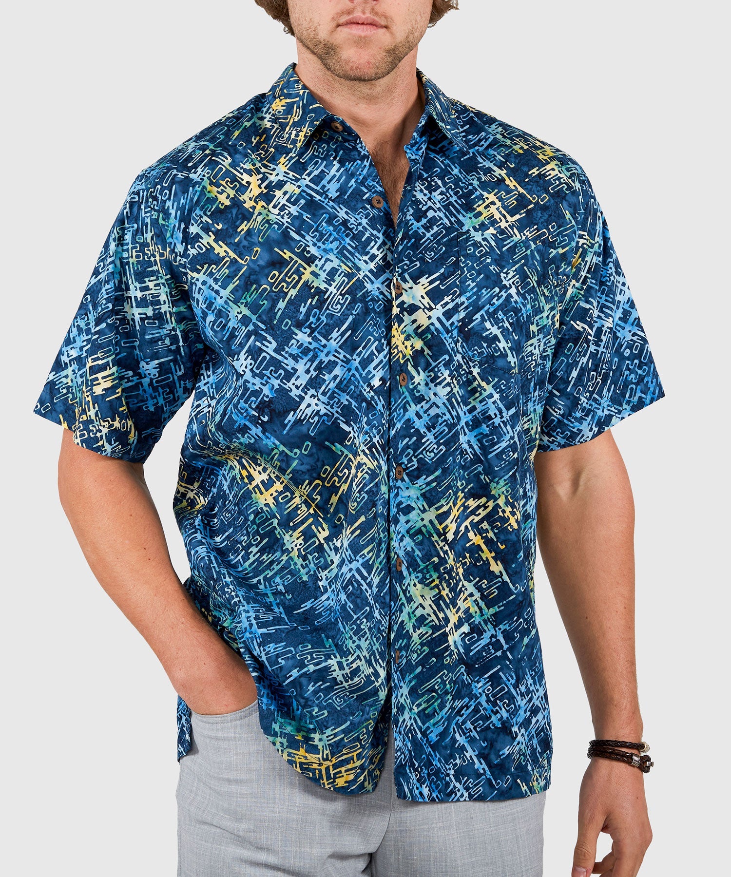 Short Sleeve Batik Print Camp Shirt – Mixed Blue