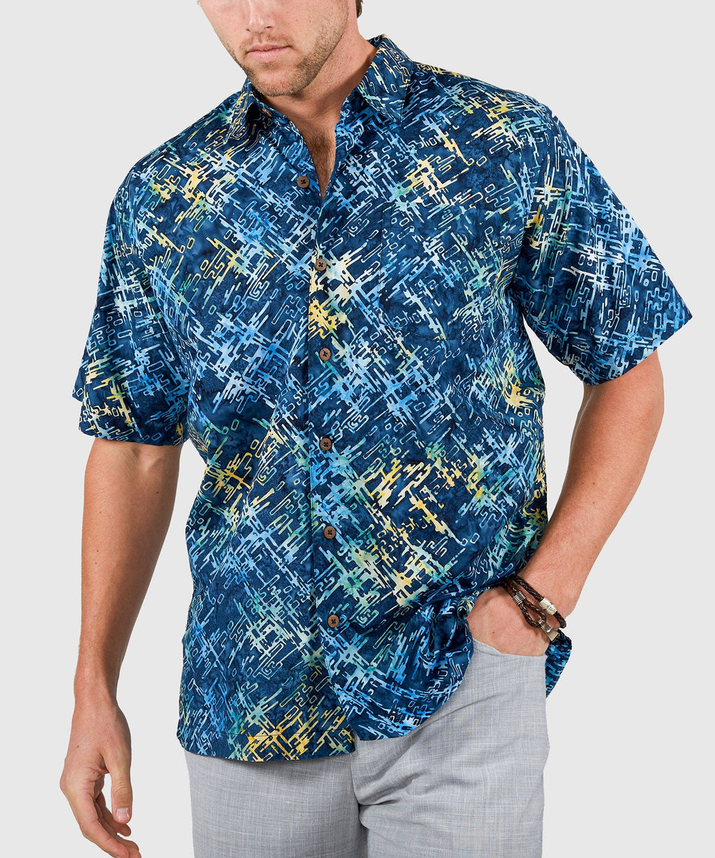 Short Sleeve Batik Print Camp Shirt – Mixed Blue
