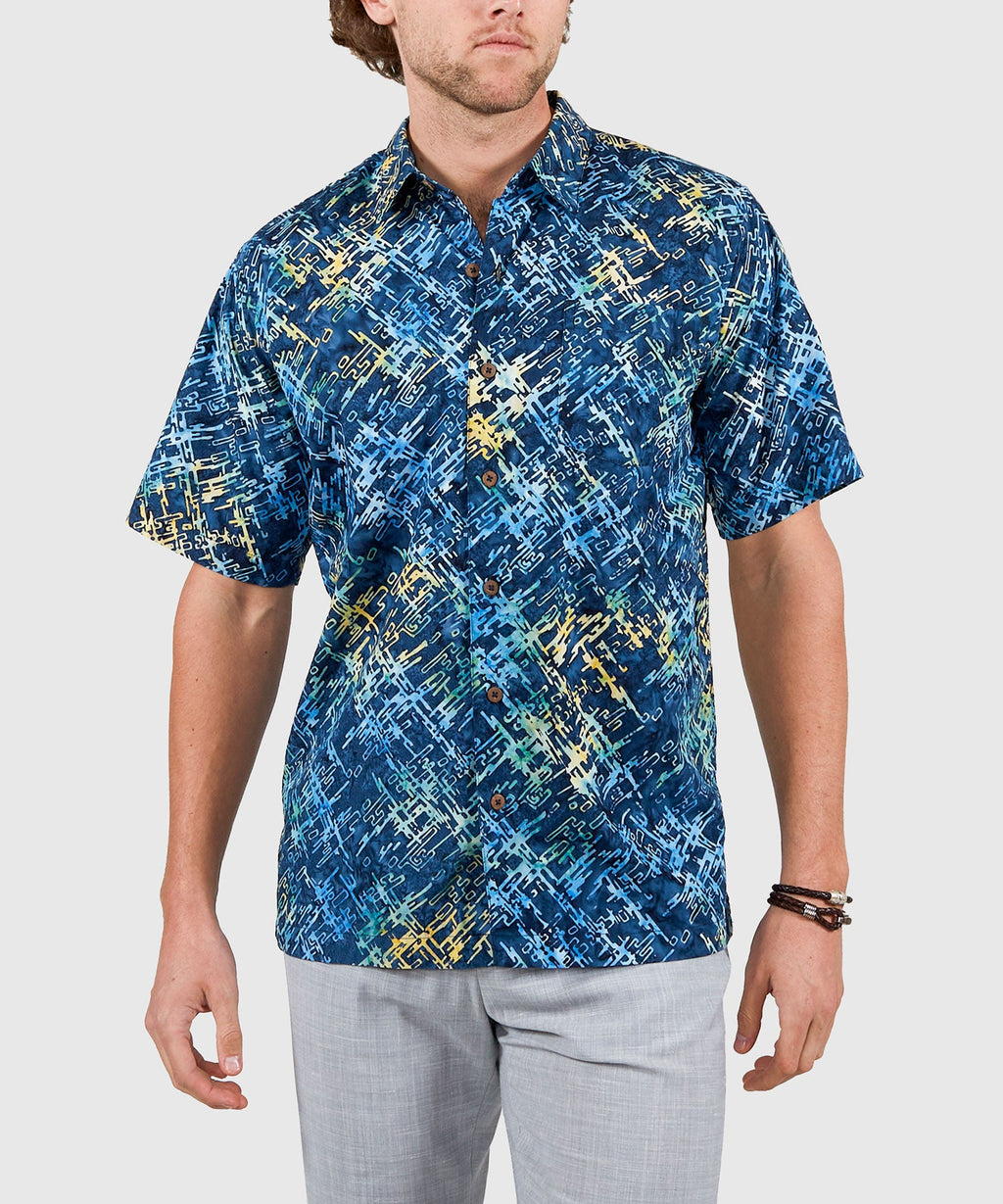 Short Sleeve Batik Print Camp Shirt – Mixed Blue