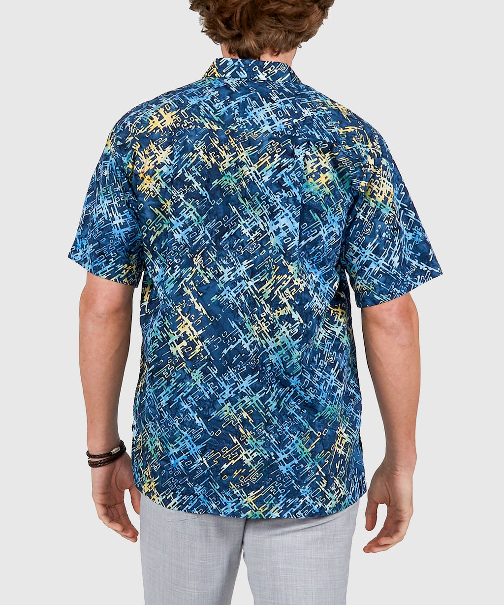 Short Sleeve Batik Print Camp Shirt – Mixed Blue
