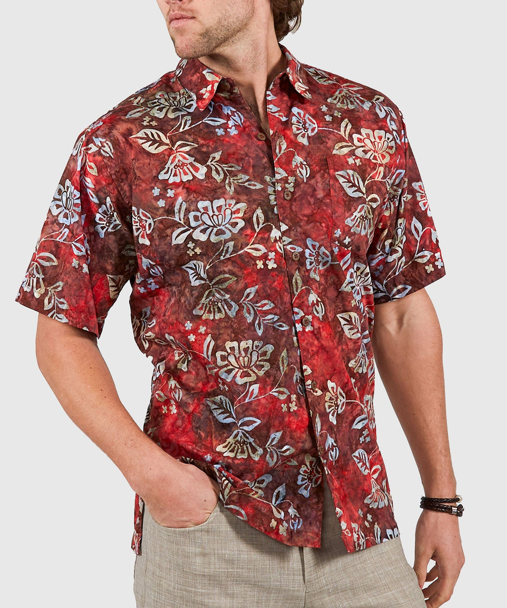Short Sleeve Batik Print Camp Shirt – Red Swirl