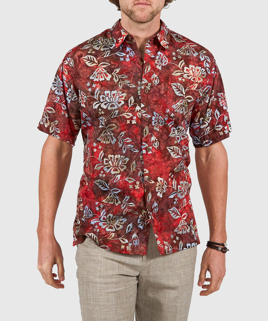 Short Sleeve Batik Print Camp Shirt – Red Swirl