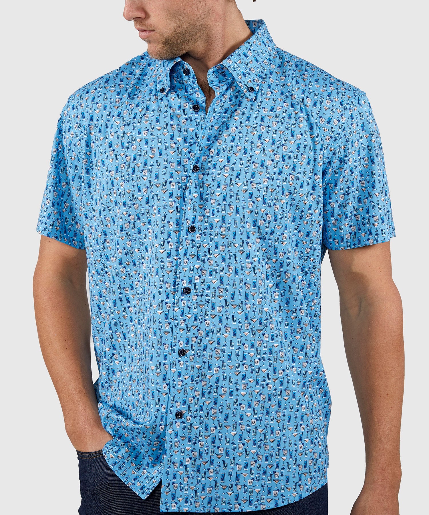 Short Sleeve No-Tuck Performance Print Sport Shirt – Blue