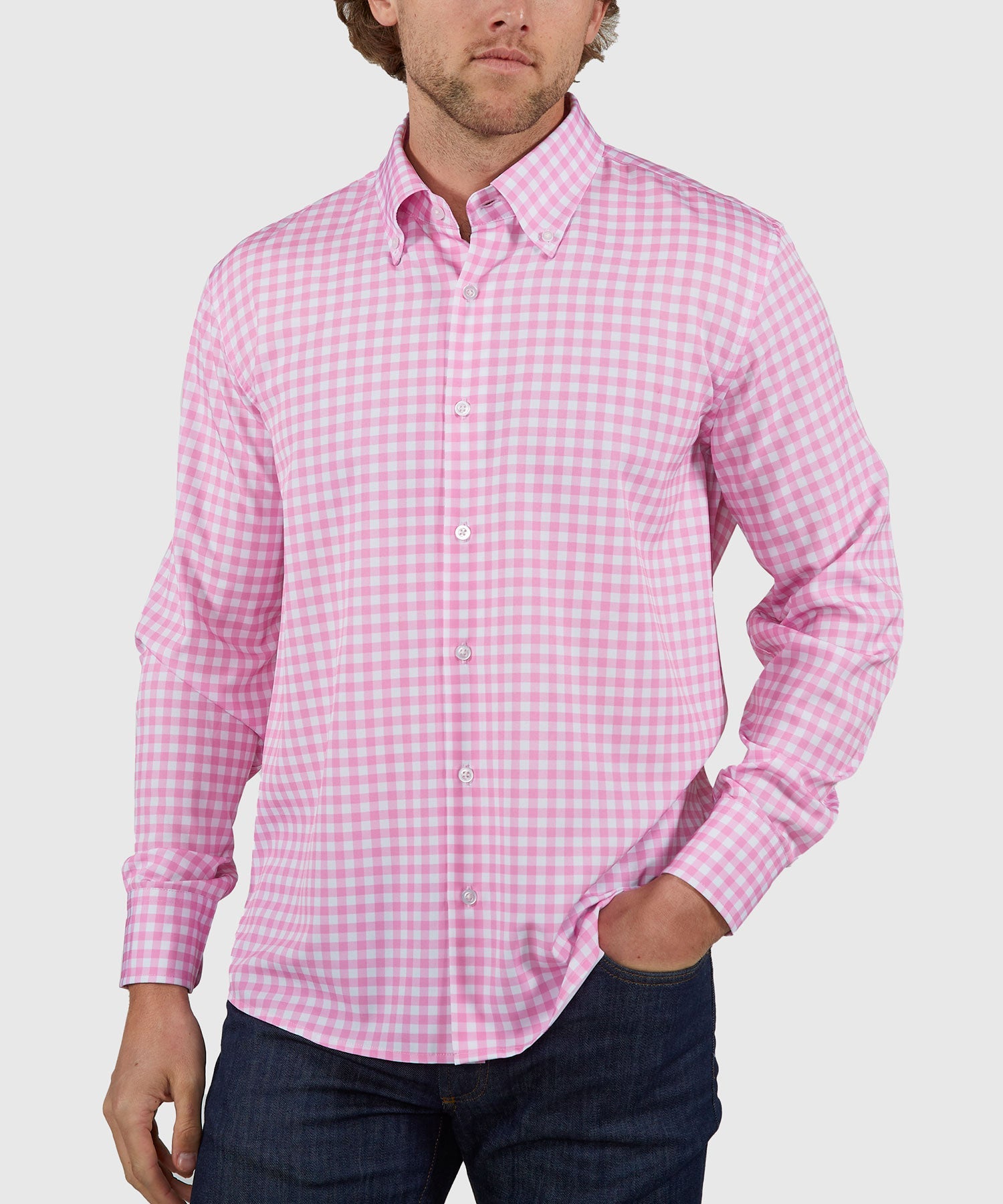 Long Sleeve No-Tuck Performance Gingham Sport Shirt – Pink