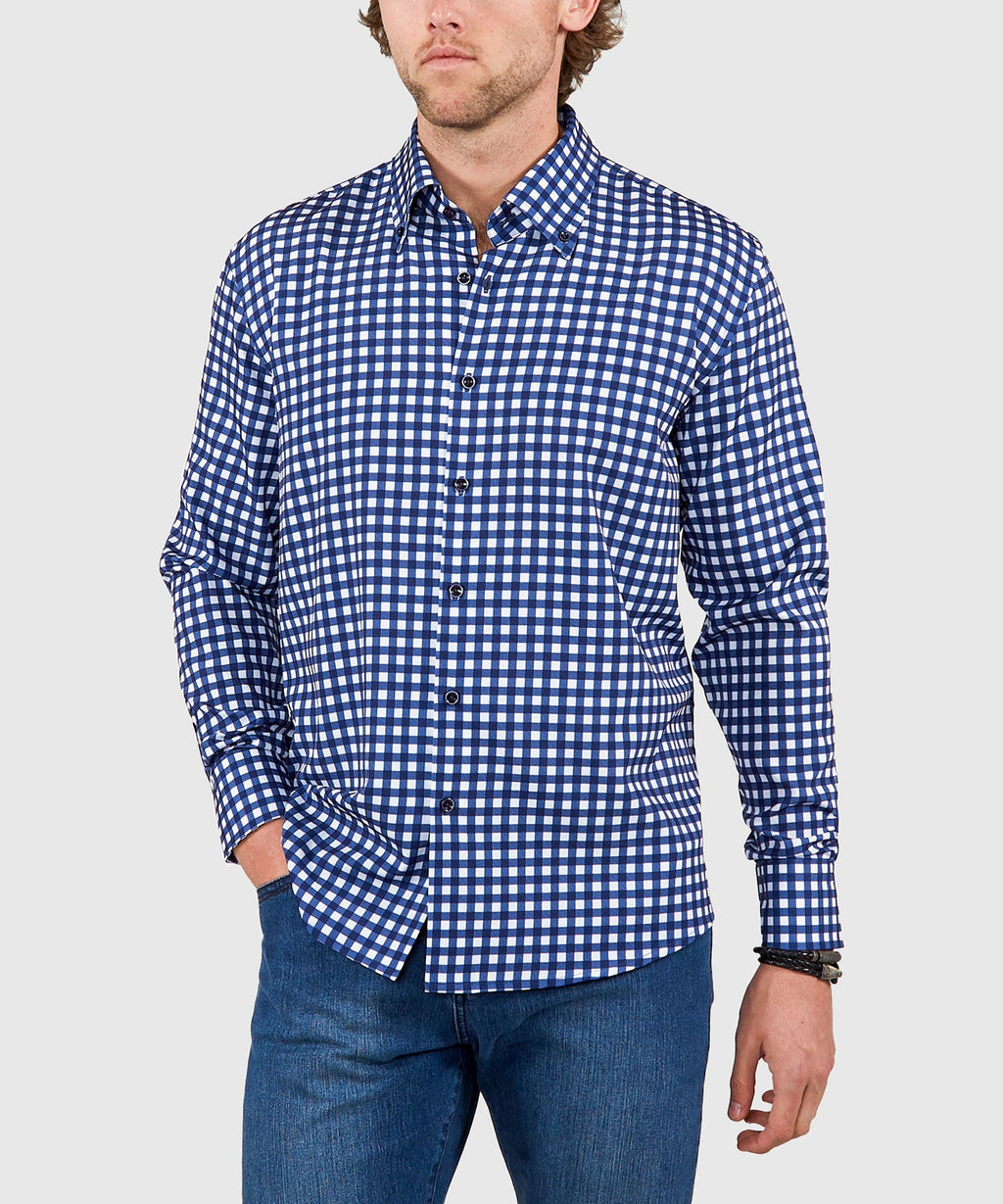 Long Sleeve No-Tuck Performance Gingham Sport Shirt – Navy