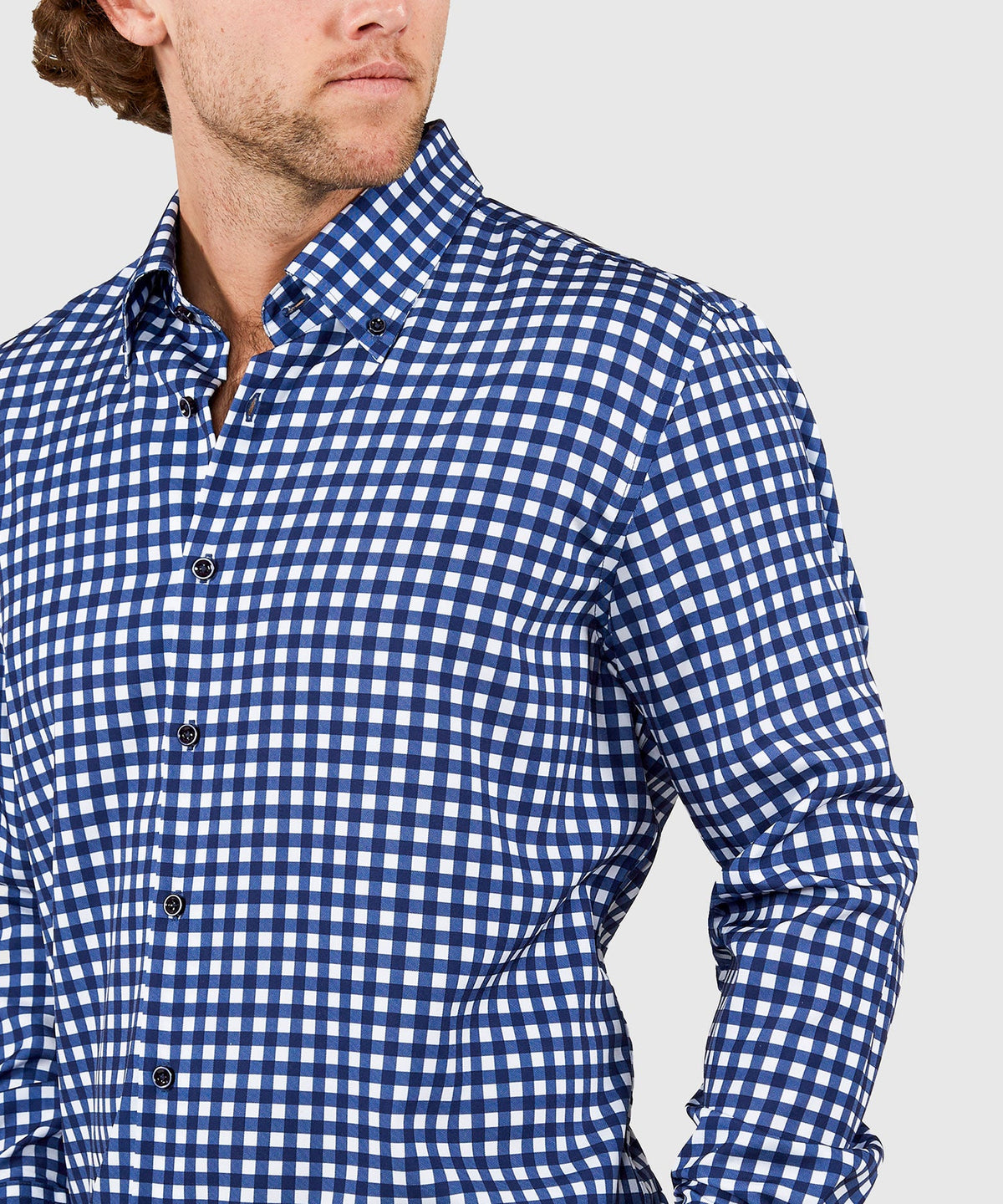 Long Sleeve No-Tuck Performance Gingham Sport Shirt – Navy