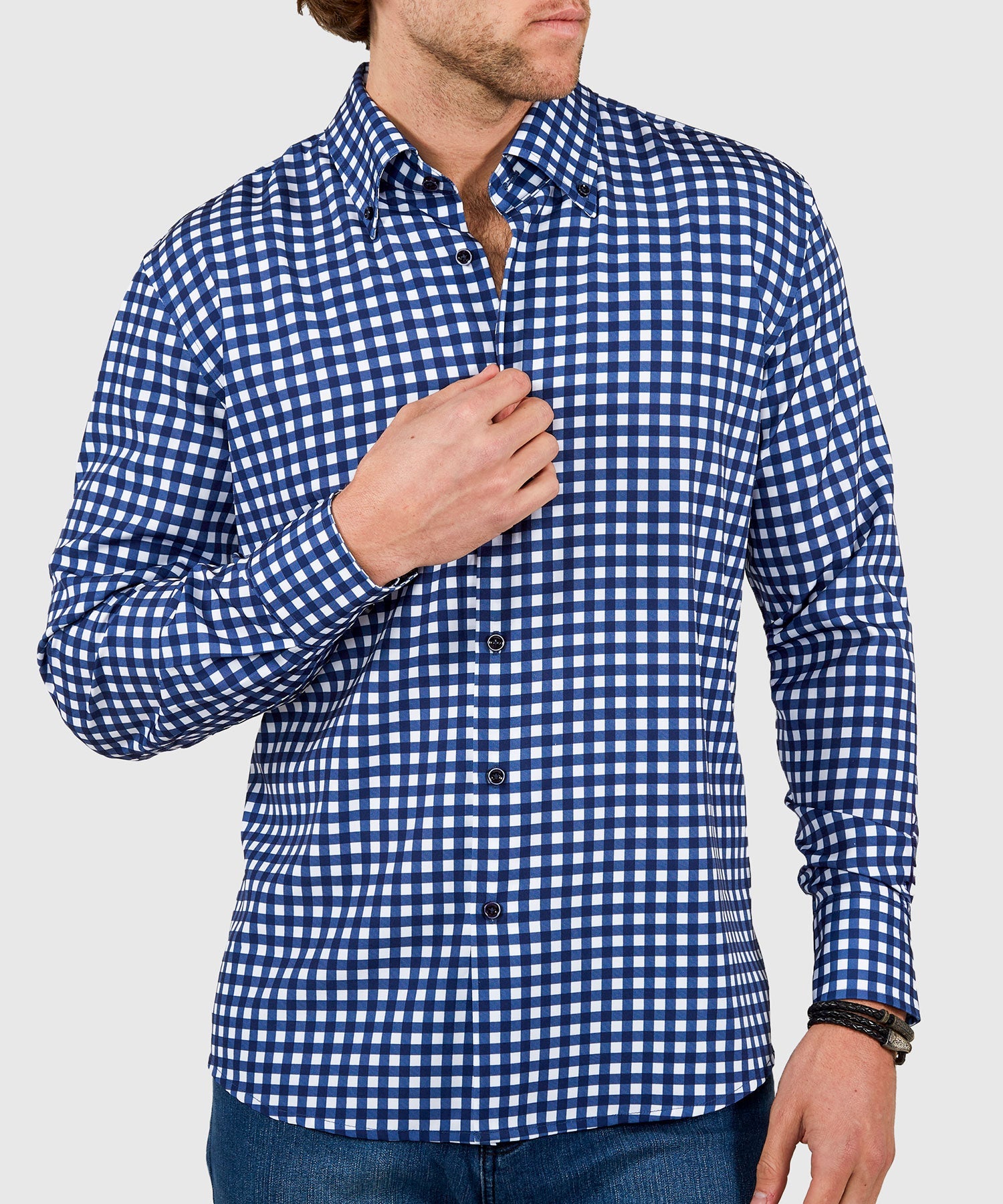 Long Sleeve No-Tuck Performance Gingham Sport Shirt – Navy