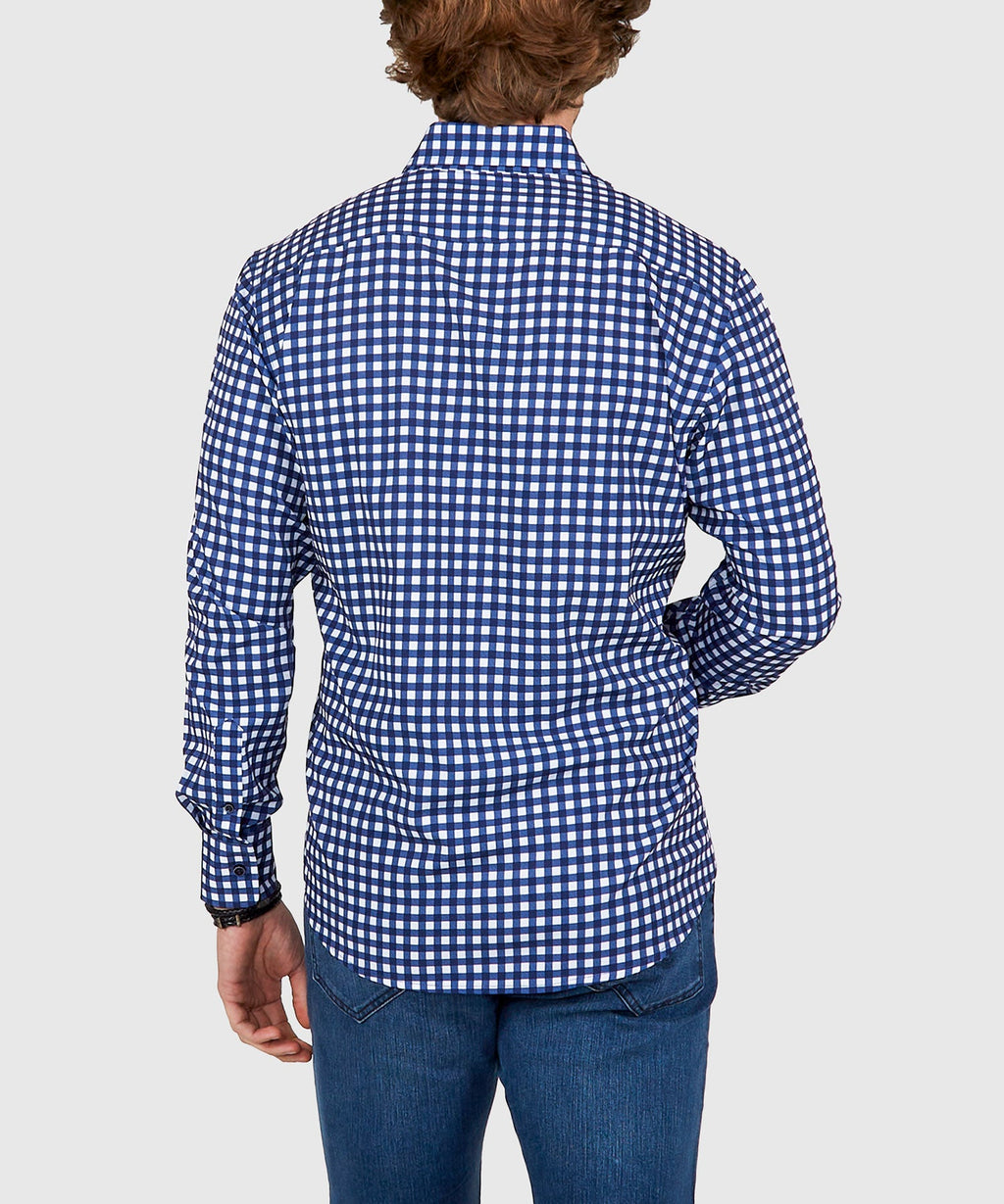 Long Sleeve No-Tuck Performance Gingham Sport Shirt – Navy