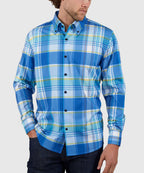 Long Sleeve No-Tuck Performance Plaid Sport Shirt – Blue Multi