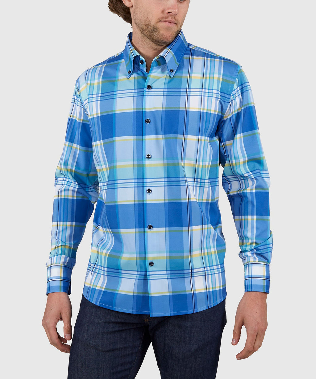 Long Sleeve No-Tuck Performance Plaid Sport Shirt – Blue Multi