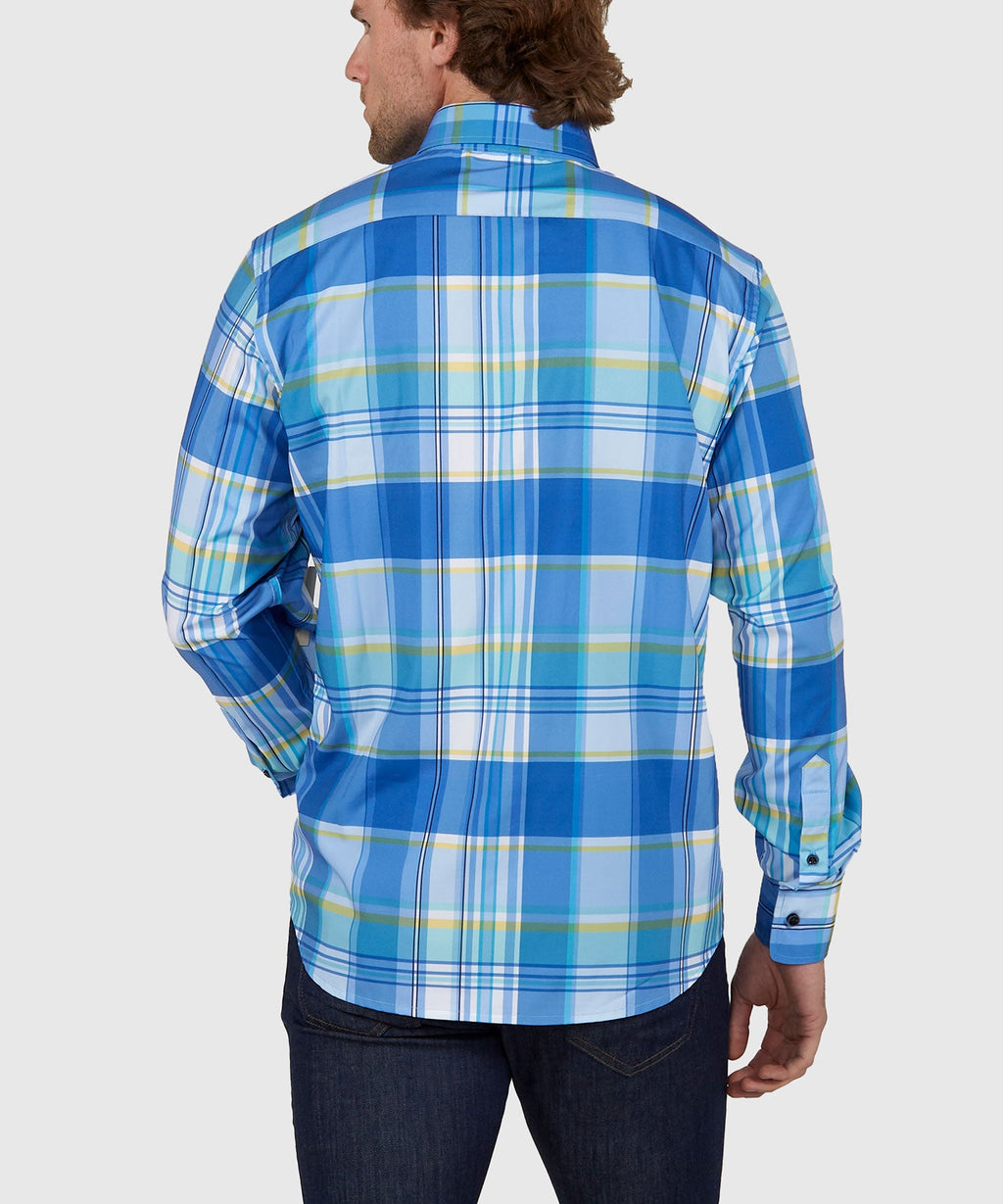 Long Sleeve No-Tuck Performance Plaid Sport Shirt – Blue Multi