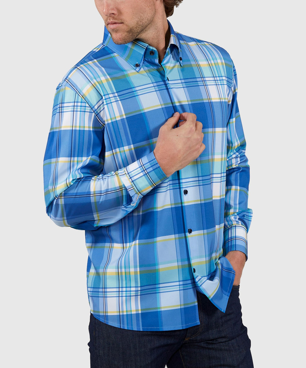 Long Sleeve No-Tuck Performance Plaid Sport Shirt – Blue Multi