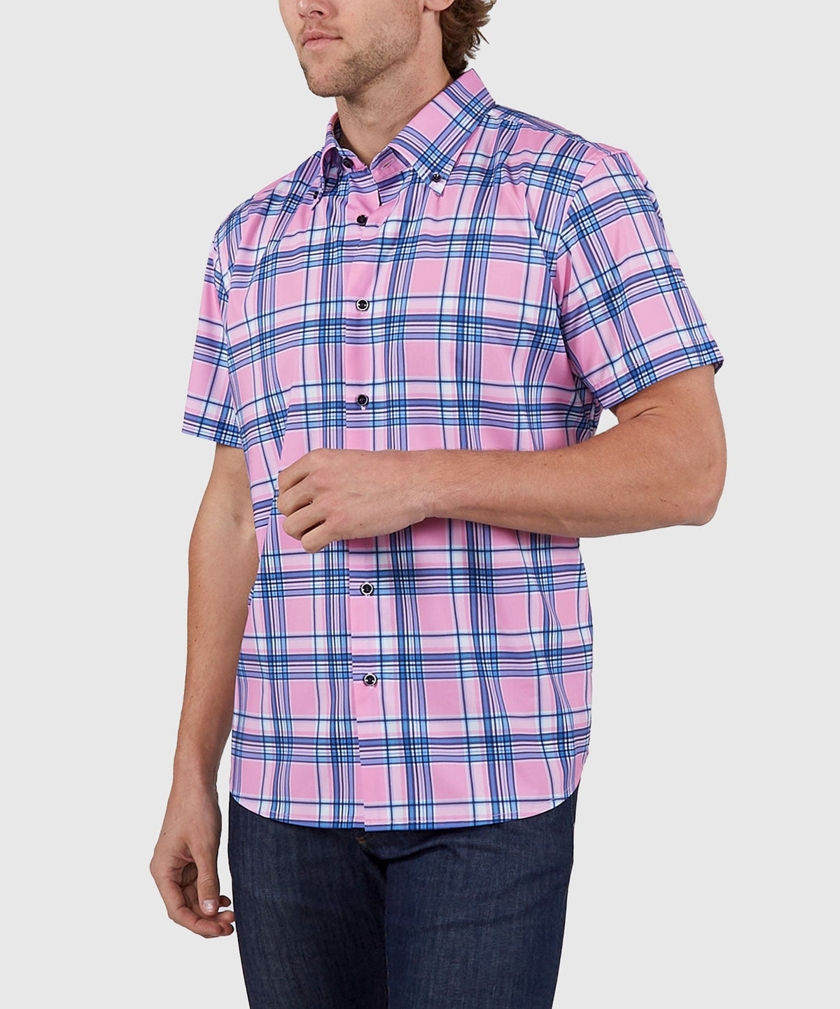 Short Sleeve No-Tuck Performance Plaid Sport Shirt – Pink