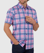 Short Sleeve No-Tuck Performance Plaid Sport Shirt – Pink