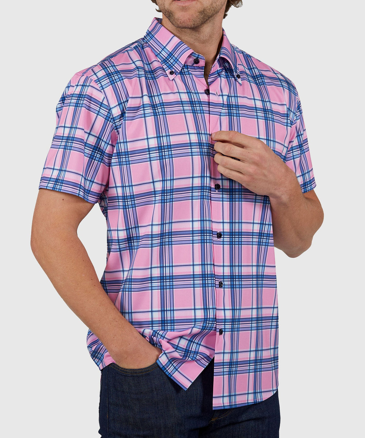 Short Sleeve No-Tuck Performance Plaid Sport Shirt – Pink