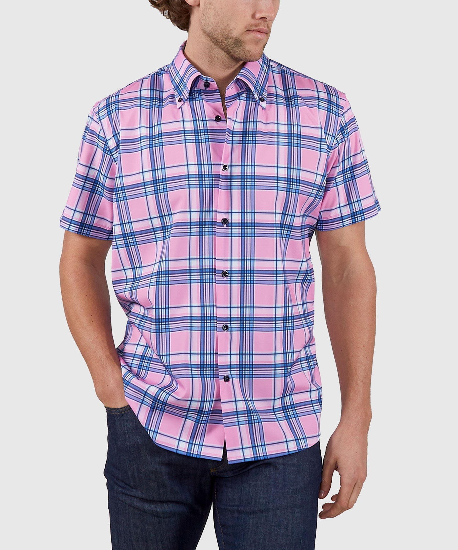 Short Sleeve No-Tuck Performance Plaid Sport Shirt – Pink
