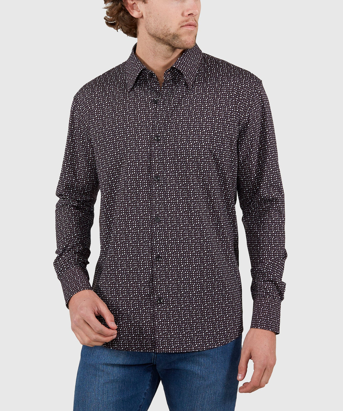 Long Sleeve No-Tuck Performance Print Sport Shirt – Black