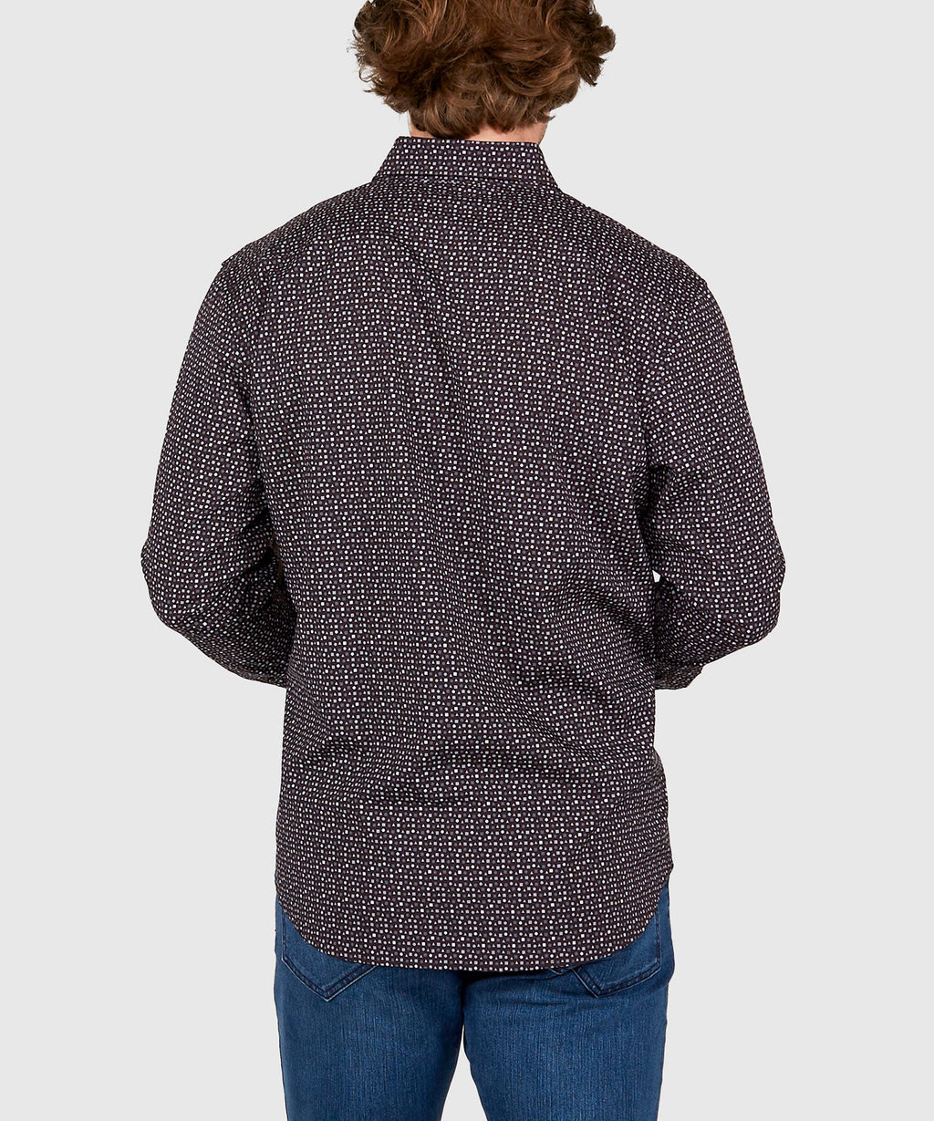 Long Sleeve No-Tuck Performance Print Sport Shirt – Black