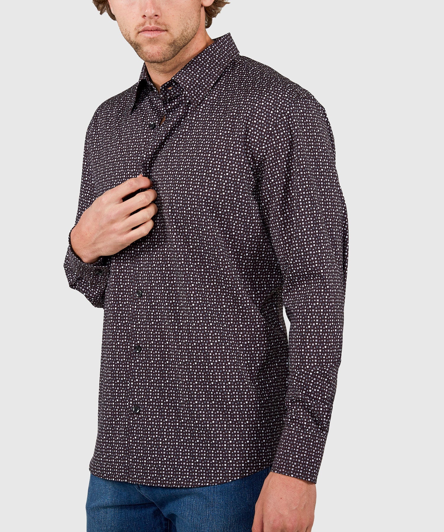 Long Sleeve No-Tuck Performance Print Sport Shirt – Black