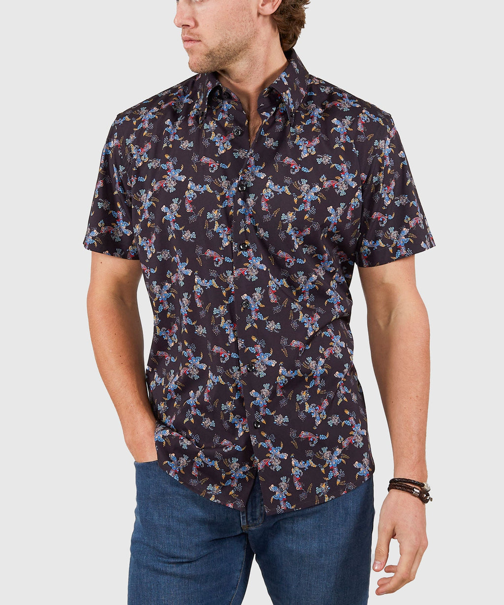 Short Sleeve No-Tuck Performance Paisley Sport Shirt – Black Multi