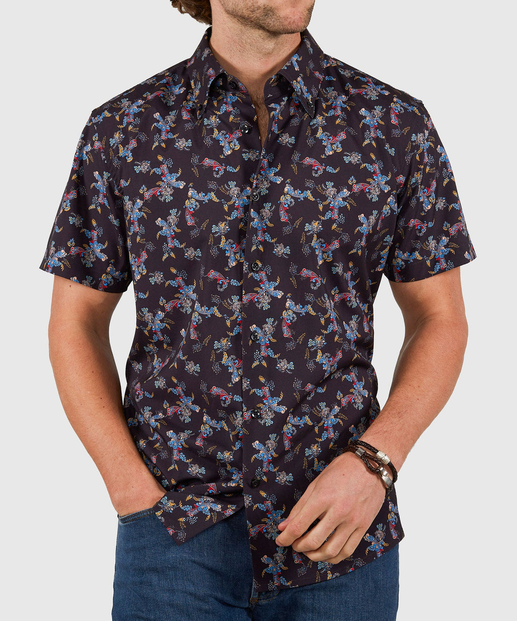 Short Sleeve No-Tuck Performance Paisley Sport Shirt – Black Multi