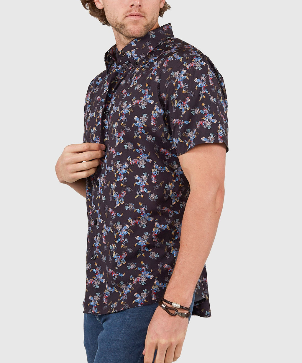Short Sleeve No-Tuck Performance Paisley Sport Shirt – Black Multi