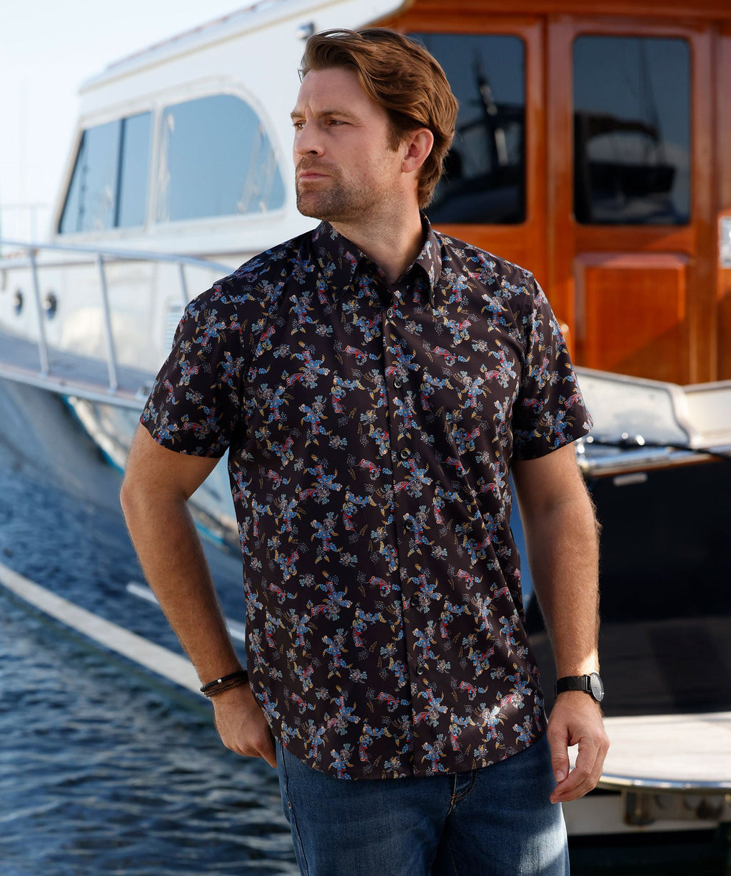 Short Sleeve No-Tuck Performance Paisley Sport Shirt – Black Multi