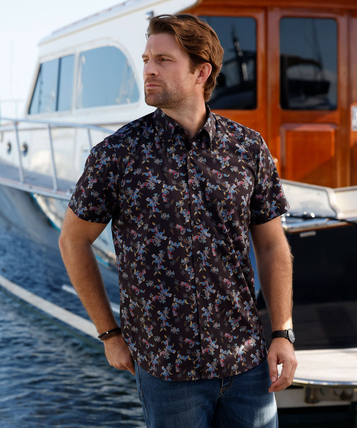 Short Sleeve No-Tuck Performance Paisley Sport Shirt – Black Multi