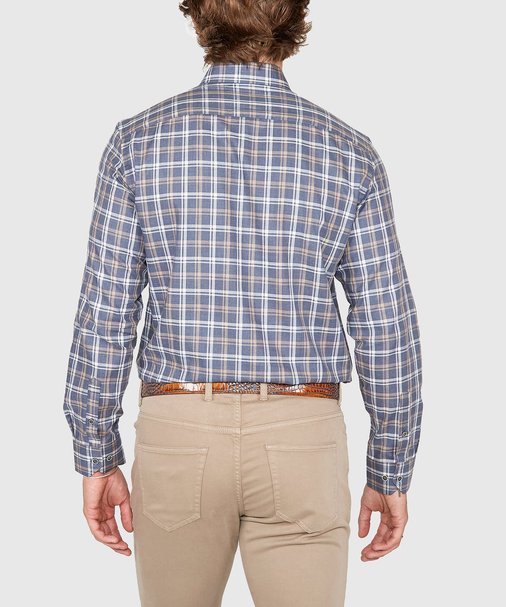 Long Sleeve Plaid Sport Shirt – Blue/Tan