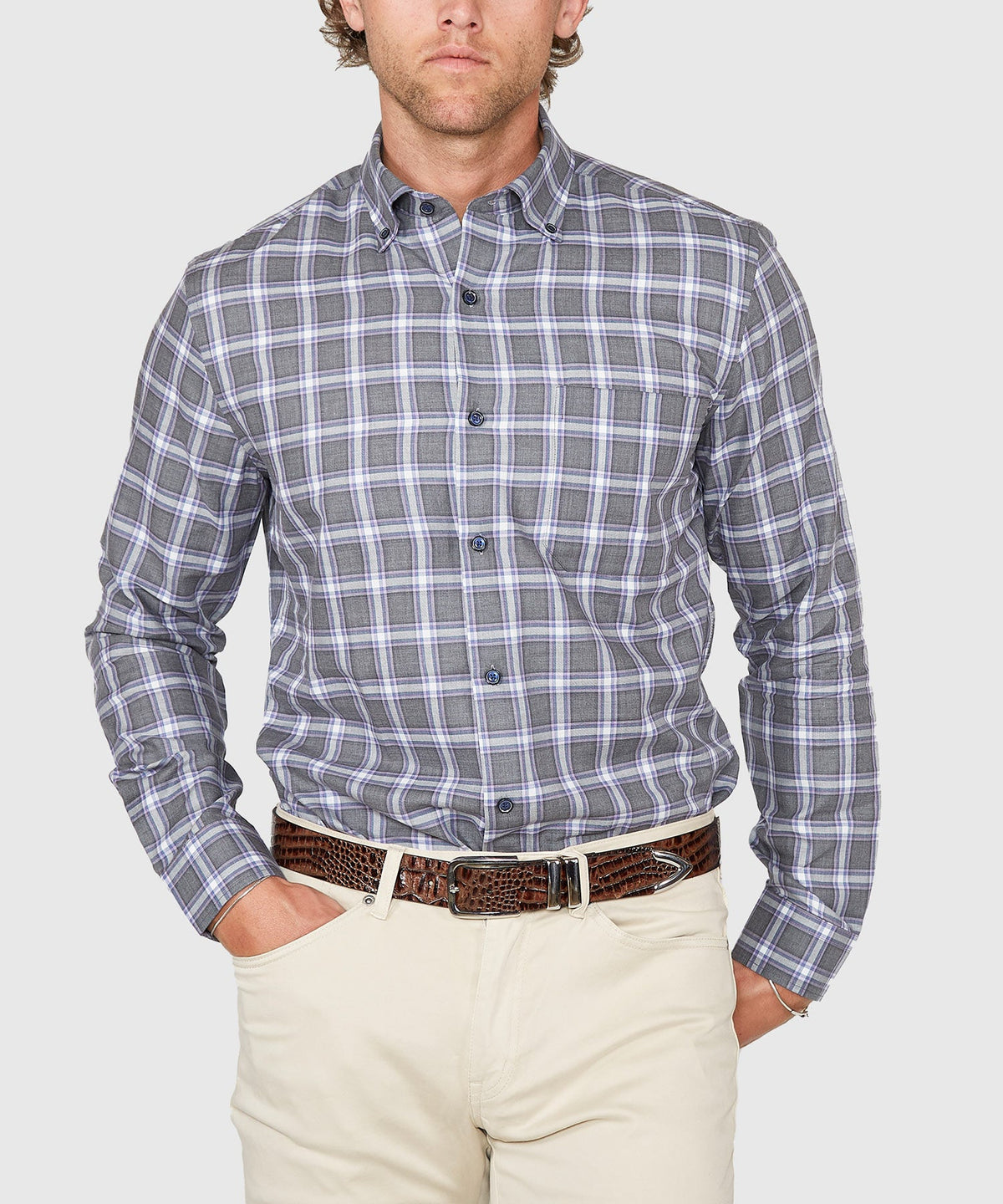 Long Sleeve Plaid Sport Shirt – Grey/Multi