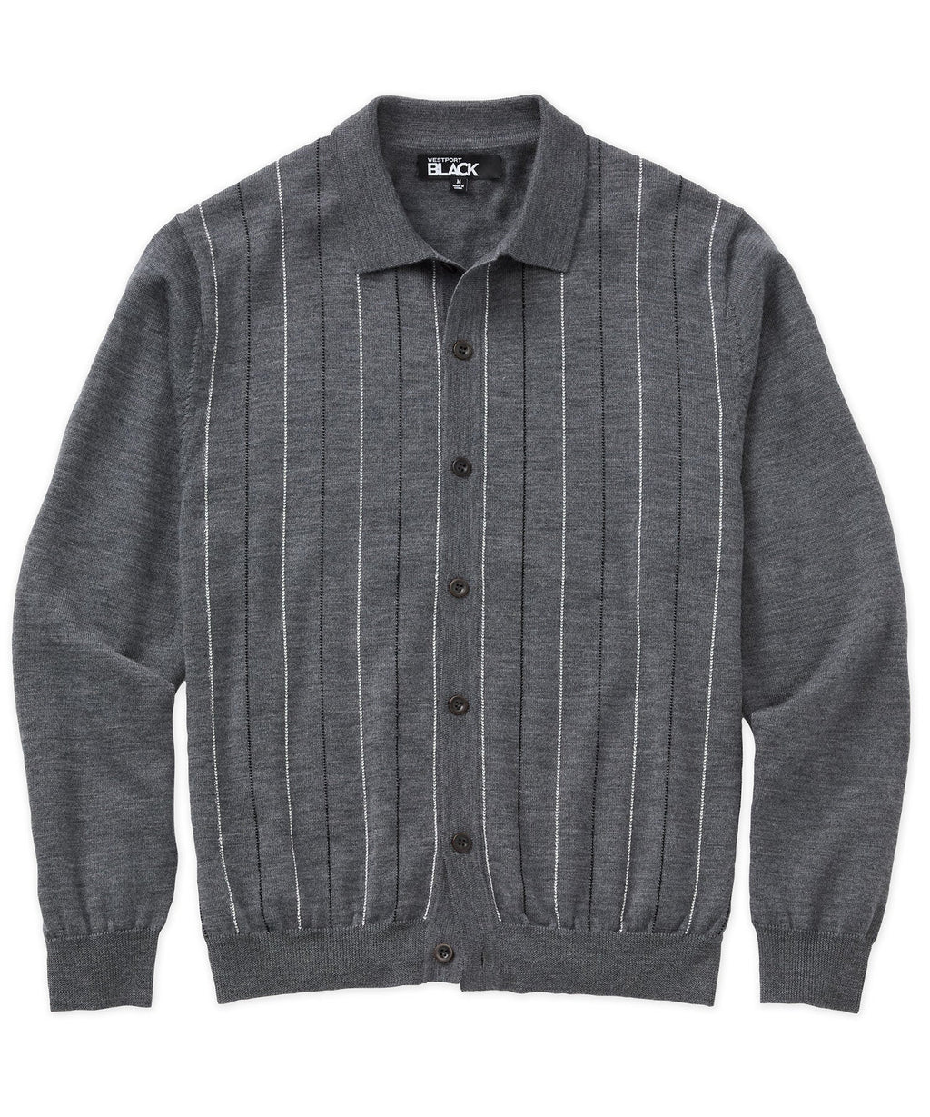 Long Sleeve Birdseye Stripe Button Front Merino Polo – Charcoal