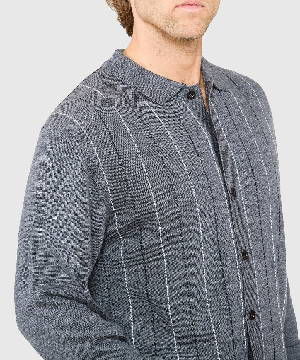 Long Sleeve Birdseye Stripe Button Front Merino Polo – Charcoal