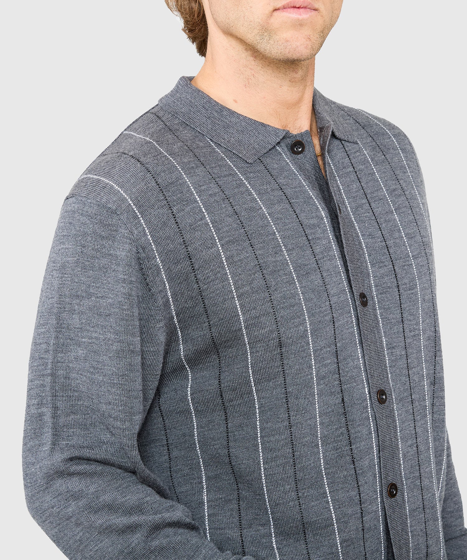 Long Sleeve Birdseye Stripe Button Front Merino Polo – Charcoal