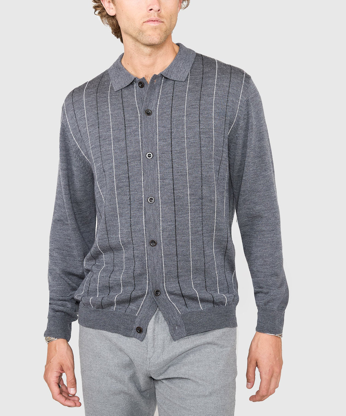Long Sleeve Birdseye Stripe Button Front Merino Polo – Charcoal