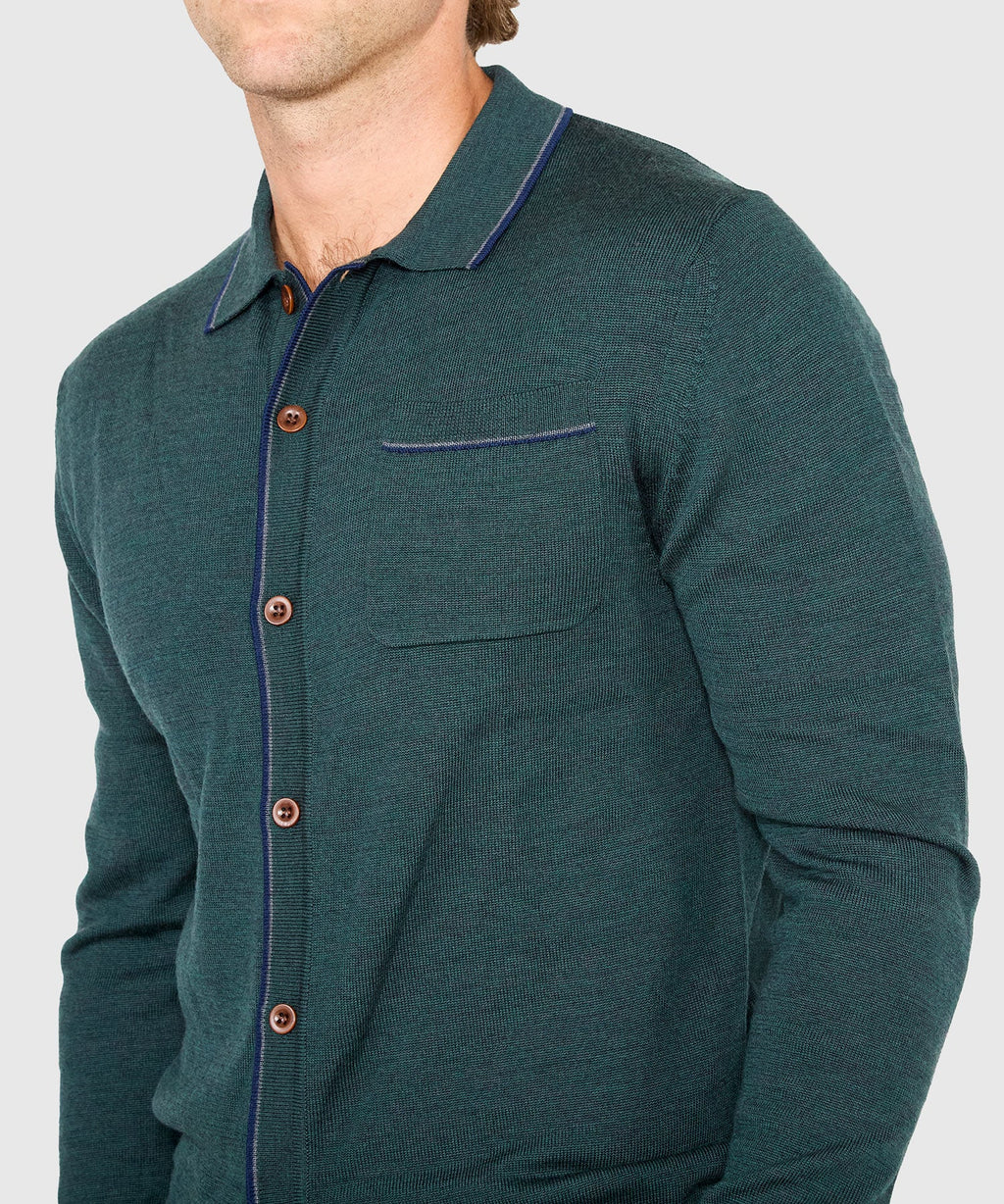 Long Sleeve Retro Tipped Button Front Merino Polo – Hunter