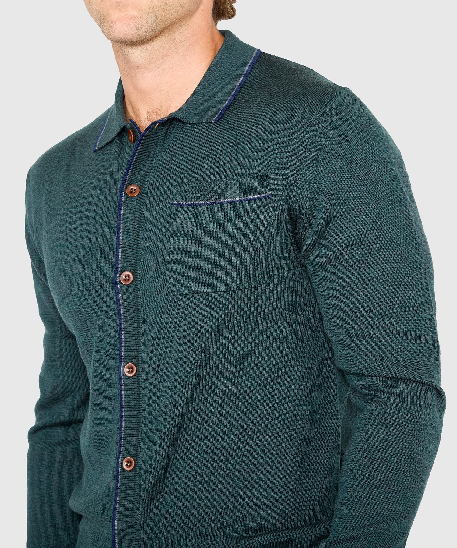 Long Sleeve Retro Tipped Button Front Merino Polo – Hunter
