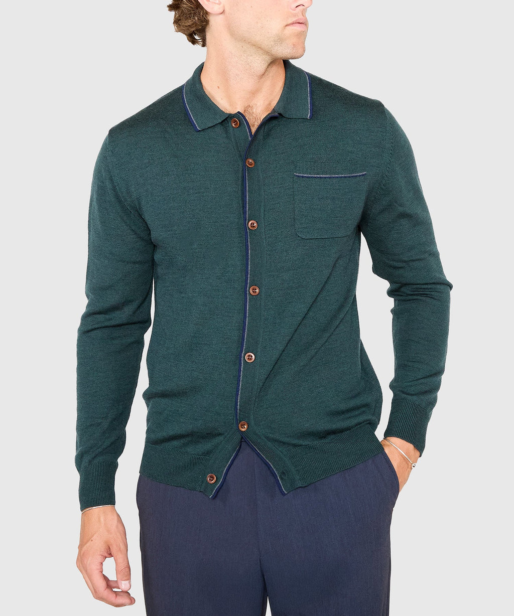 Long Sleeve Retro Tipped Button Front Merino Polo – Hunter