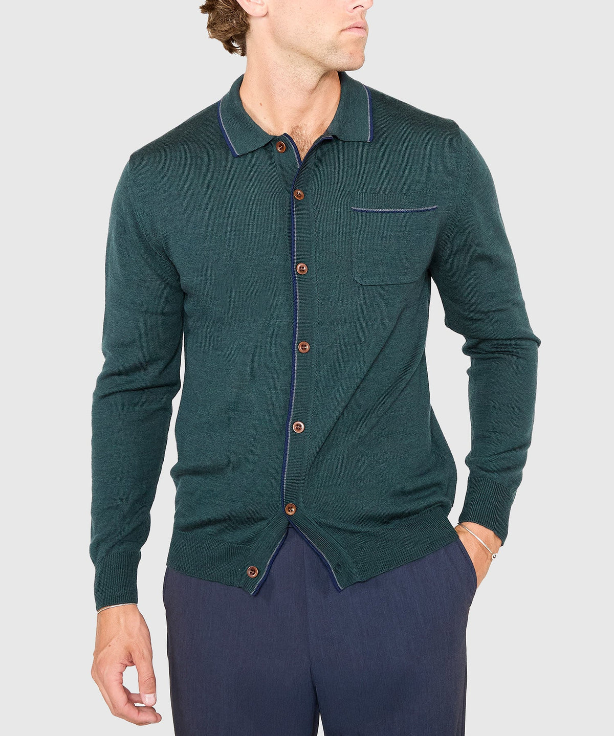 Long Sleeve Retro Tipped Button Front Merino Polo – Hunter