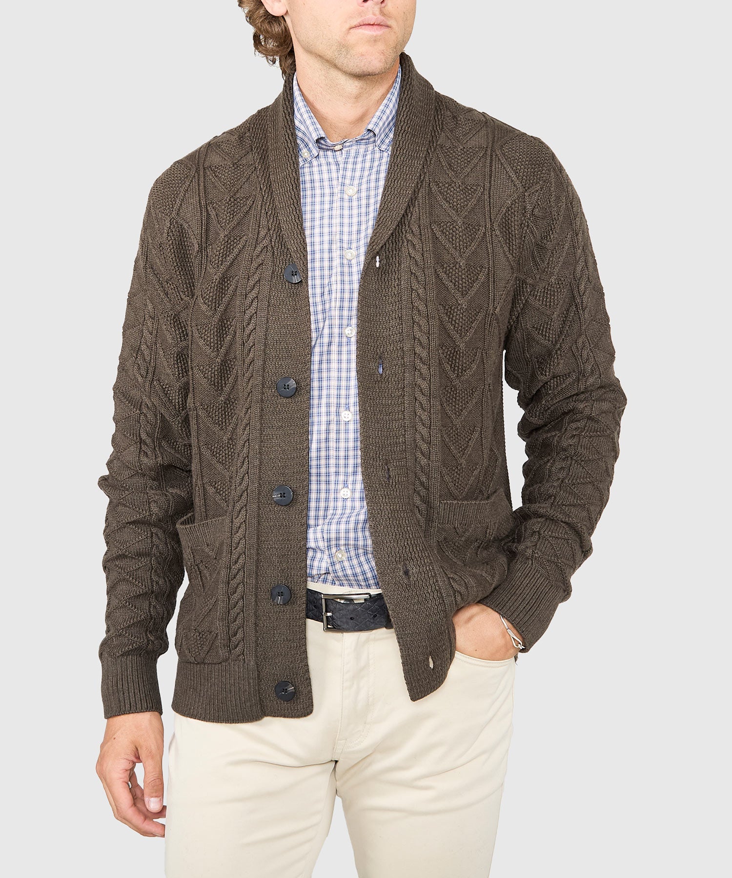 Cable Knit Shawl Collar Cardigan – Sable