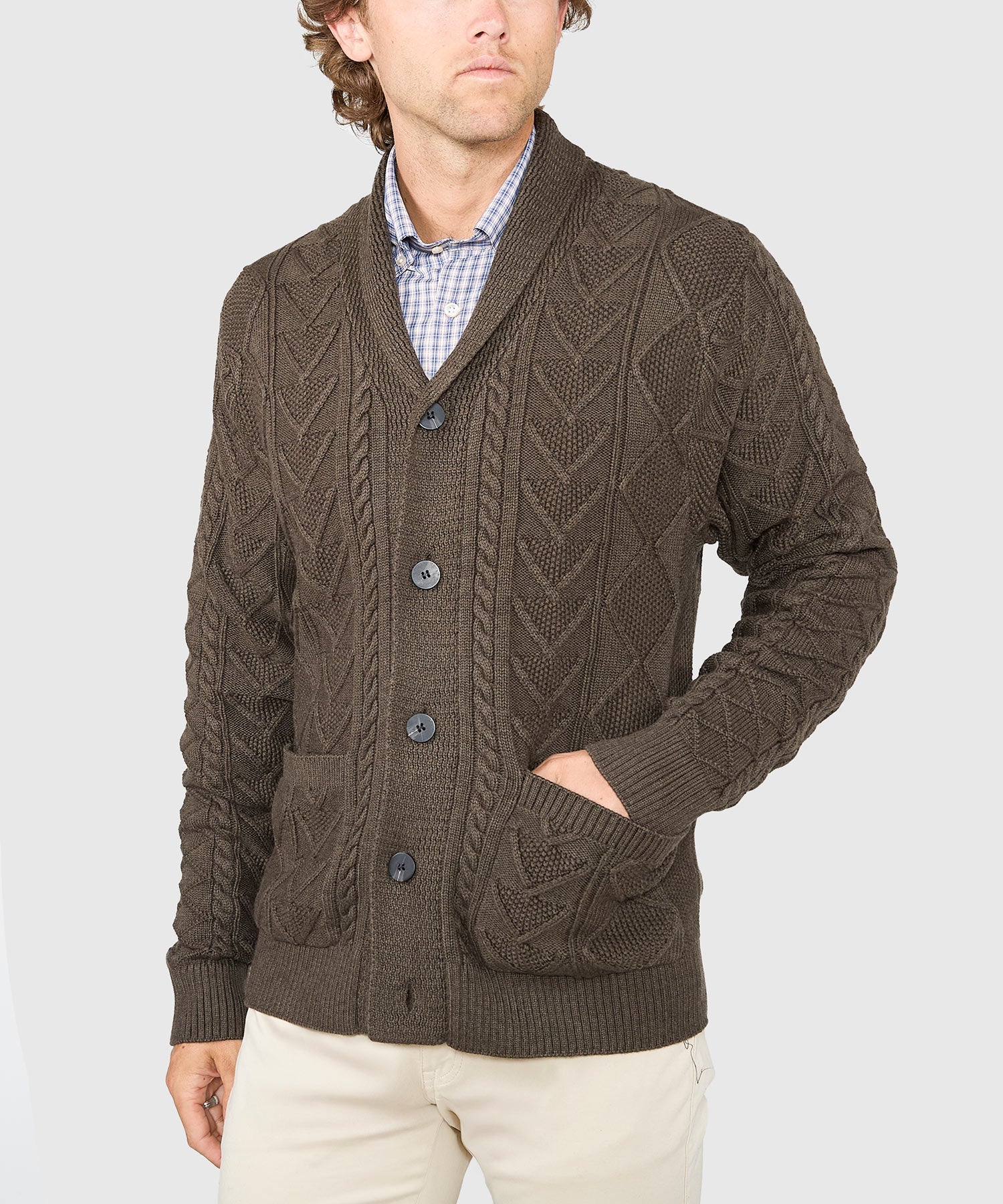 Cable Knit Shawl Collar Cardigan – Sable