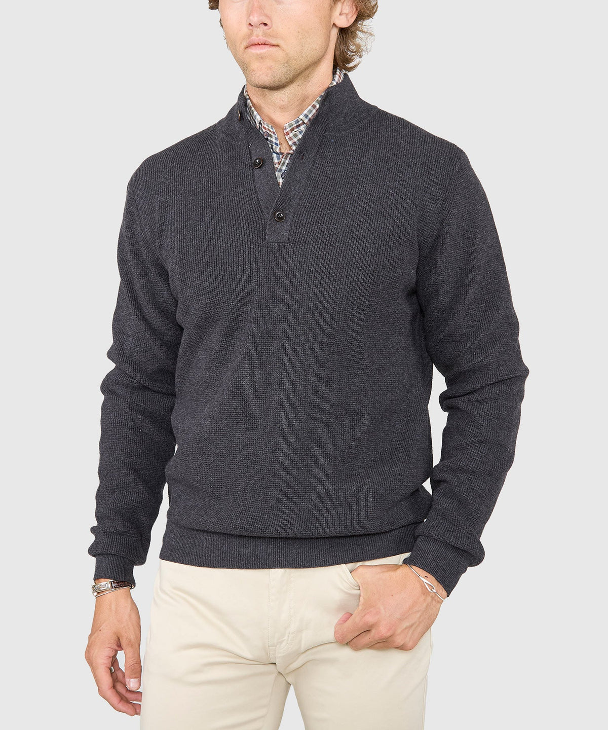 Cotton Cashmere Button Mock Sweater