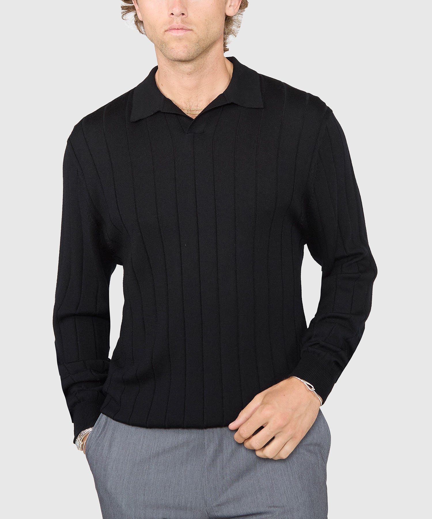 Long Sleeve Merino Wool Johnny Collar Polo