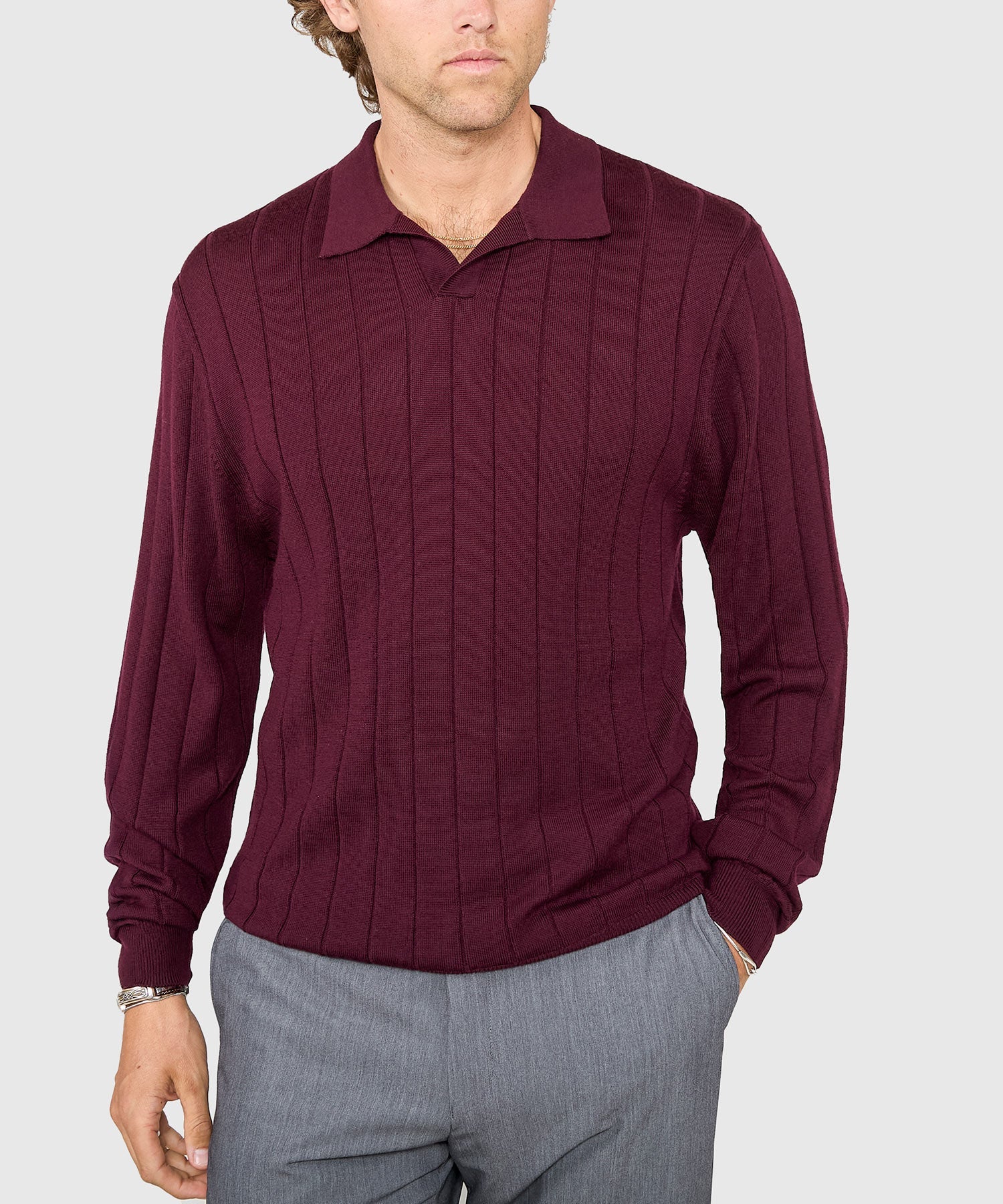 Long Sleeve Merino Wool Johnny Collar Polo