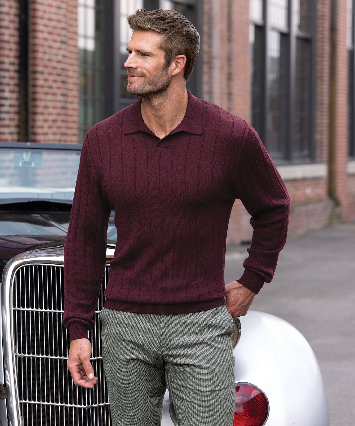 Long Sleeve Merino Wool Johnny Collar Polo