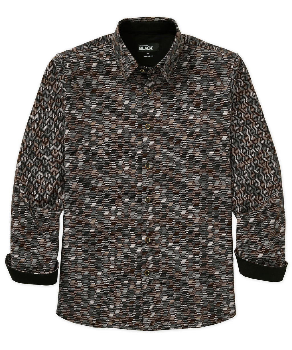 Long Sleeve Hex Print Knit Sport Shirt – Black