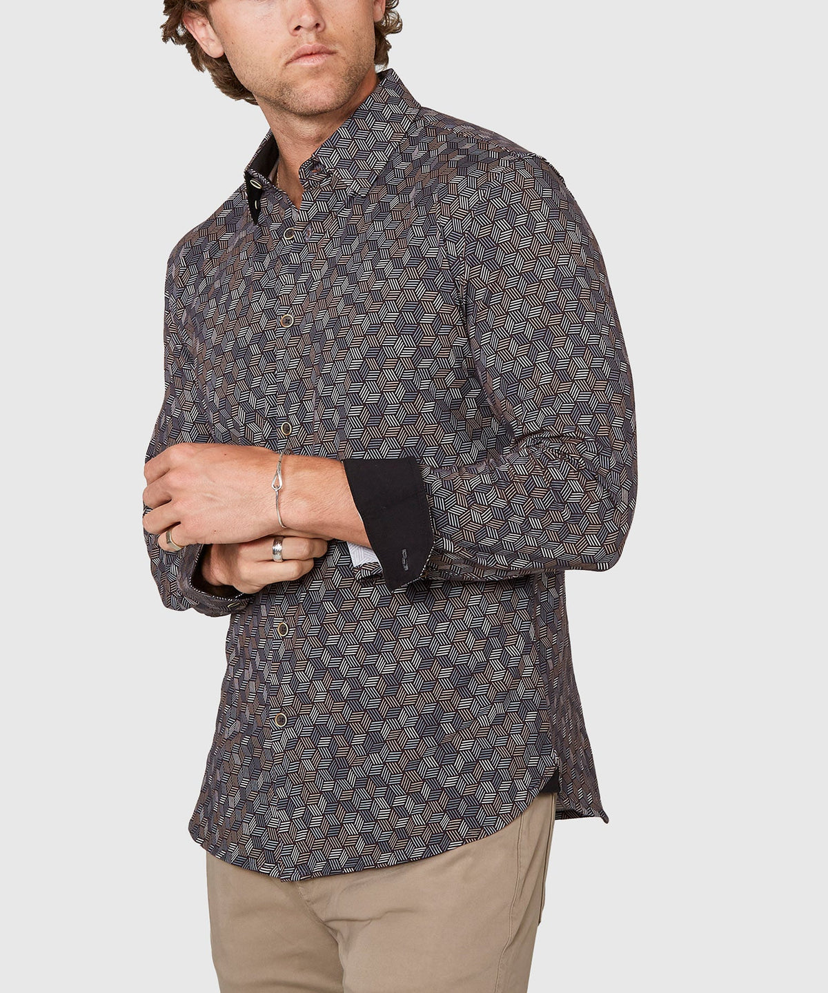 Long Sleeve Hex Print Knit Sport Shirt – Black