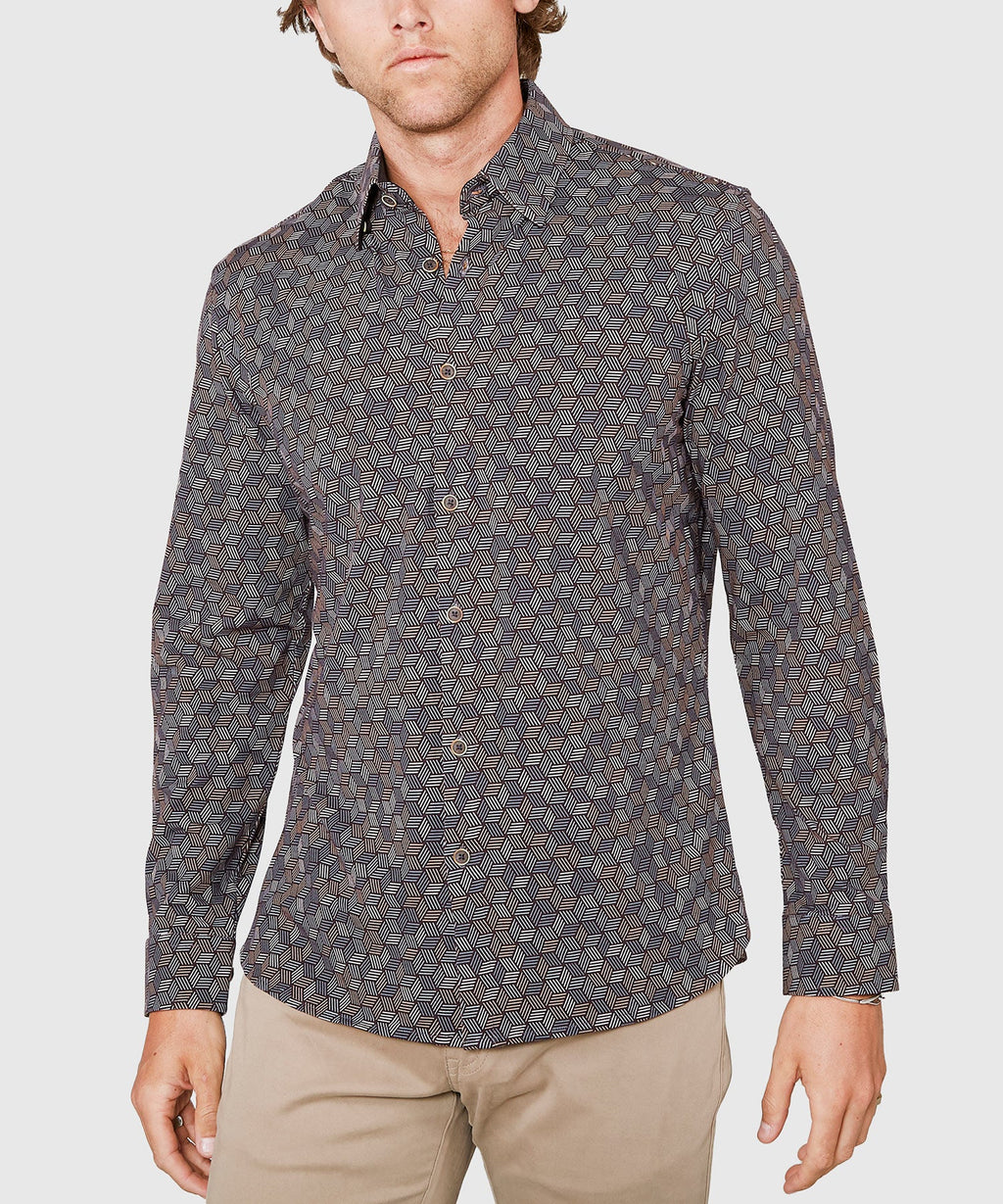 Long Sleeve Hex Print Knit Sport Shirt – Black
